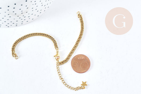 Base de bracelet réglable maille plate diamantée acier doré 304 inoxydable 16cm, acier doré inoxydable, x1 (G8625)