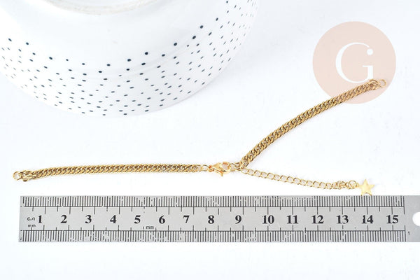 Base de bracelet réglable maille plate diamantée acier doré 304 inoxydable 16cm, acier doré inoxydable, x1 (G8625)