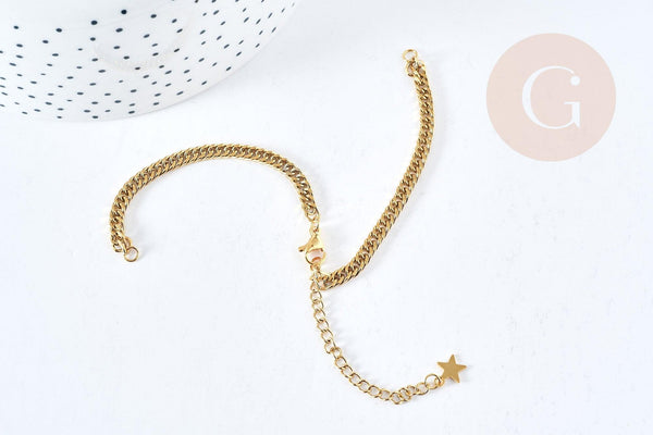 Base de bracelet réglable maille plate diamantée acier doré 304 inoxydable 16cm, acier doré inoxydable, x1 (G8625)