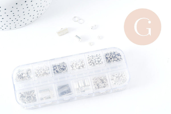 Boite Kit mix de 12 types de fournitures et perles zamac laiton Argent Platine, x1 (G8844)
