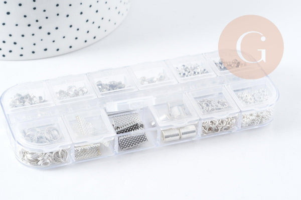 Boite Kit mix de 12 types de fournitures et perles zamac laiton Argent Platine, x1 (G8844)