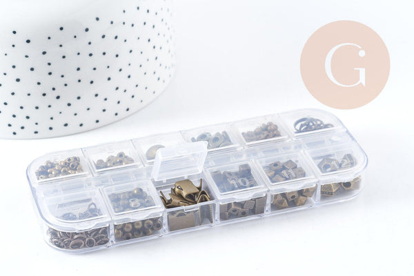 Boite Kit mix de 12 types de fournitures et perles zamac laiton Bronze, x1 (G8845)
