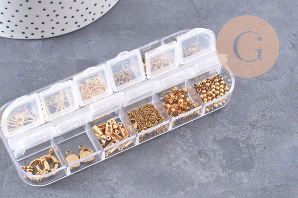 Boite Kit mix de 12 types de fournitures pour bijoux en acier inoxdable doré ou platine, x1 (G10142/G10143)