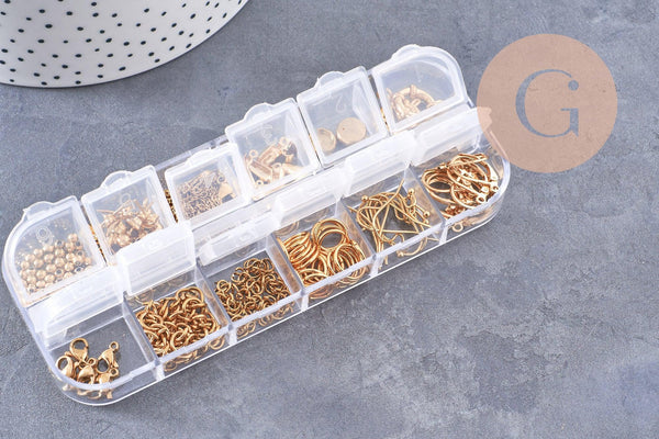 Boite Kit mix de 12 types de fournitures pour bijoux en acier inoxdable doré ou platine, x1 (G10142/G10143)