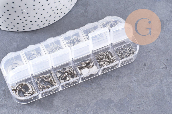 Boite Kit mix de 12 types de fournitures pour bijoux en acier inoxdable doré ou platine, x1 (G10142/G10143)