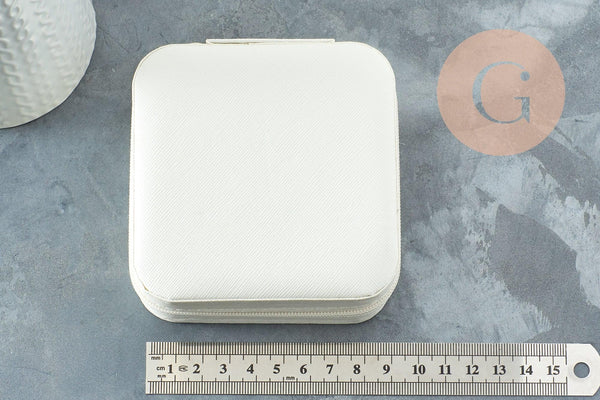 Boite à bijoux en imitation cuir beige carrée 10cm, x1 (G9473)