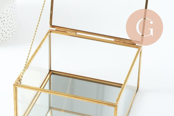 Boite à bijoux verre carré métal doré rectangle 13.1cm, x1 (G9766)