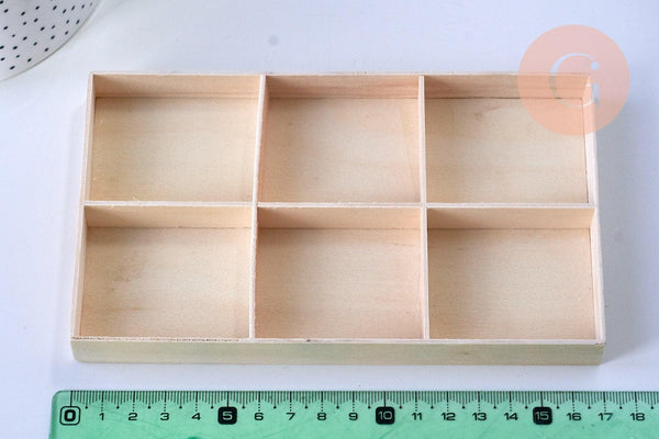 Boite rangement perles en bois massif rectangulaire 6 cases, longueur 17cm, x1 (G5575)