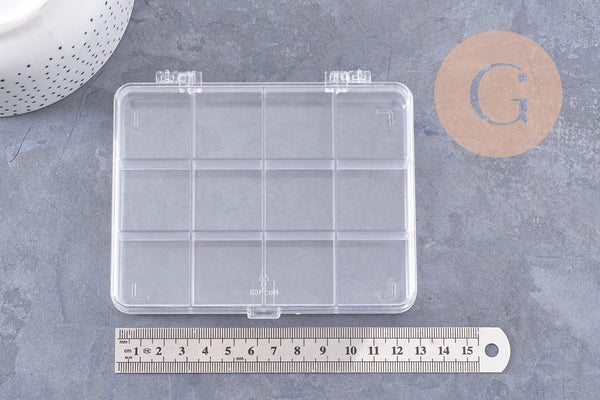 Boite rangement perles en plastique trnsparent rectangulaire 12 cases 13cm, x1 (G10257)