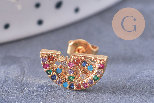 Boucles arc-en-ciel puces laiton doré zircons multicolore 12mm, la paire (G3776)