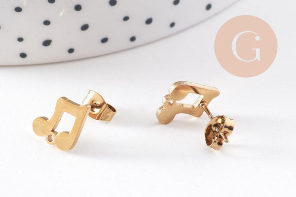 Boucles d'oreille puce pin's note de musique acier 304 inoxydable doré 9mm, la paire (G10253)