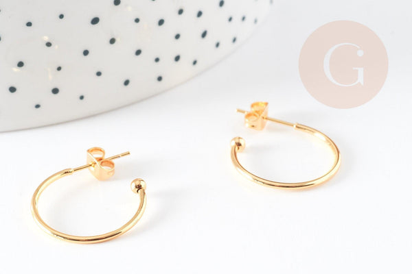 Boucles d'oreilles Anneau demi-créole puce doré 18k tige argent 925 23mm, x2 (G3582)