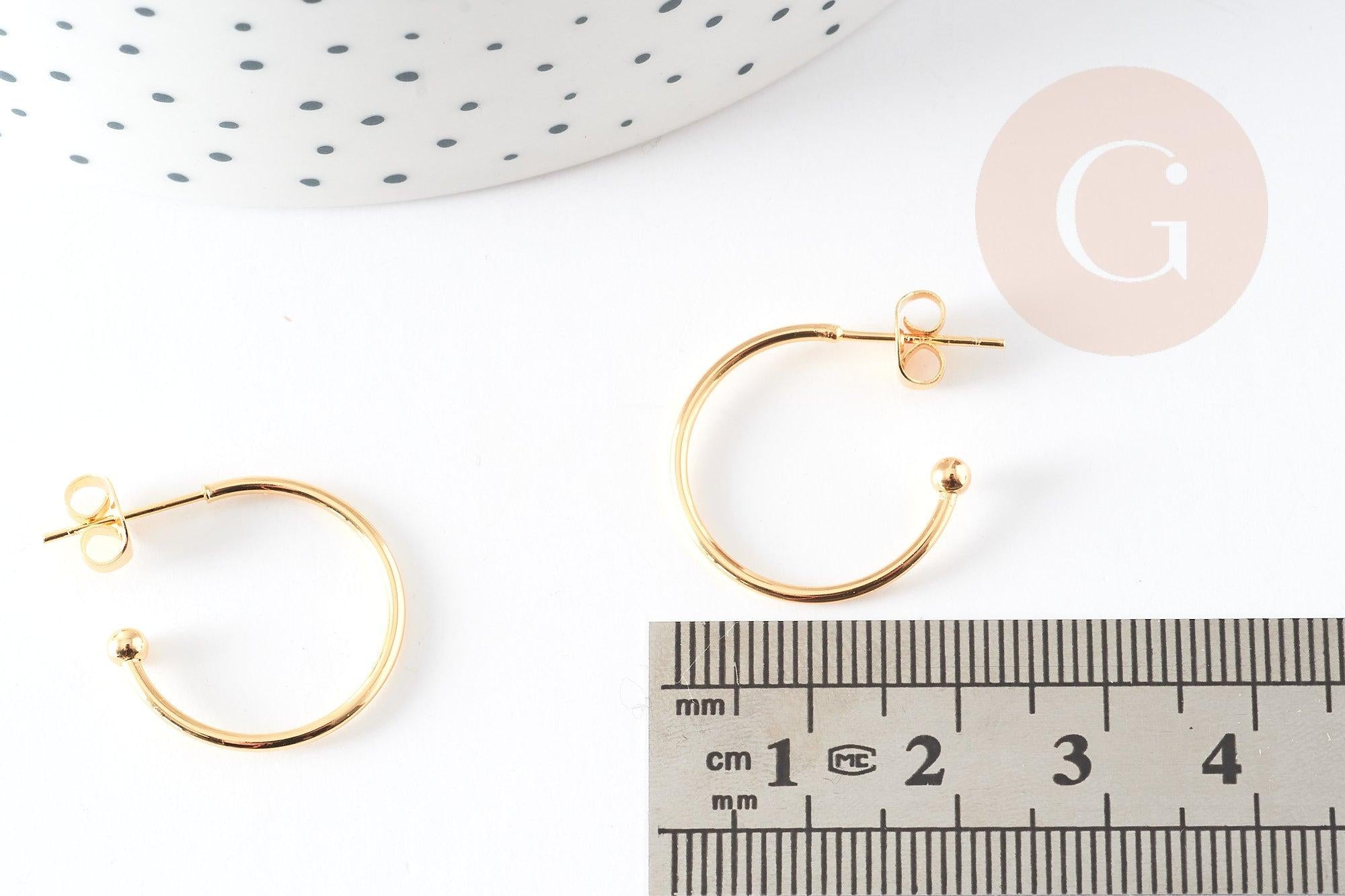 Boucles d'oreilles Anneau demi-créole puce doré 18k tige argent 925 23mm, x2 (G3582)