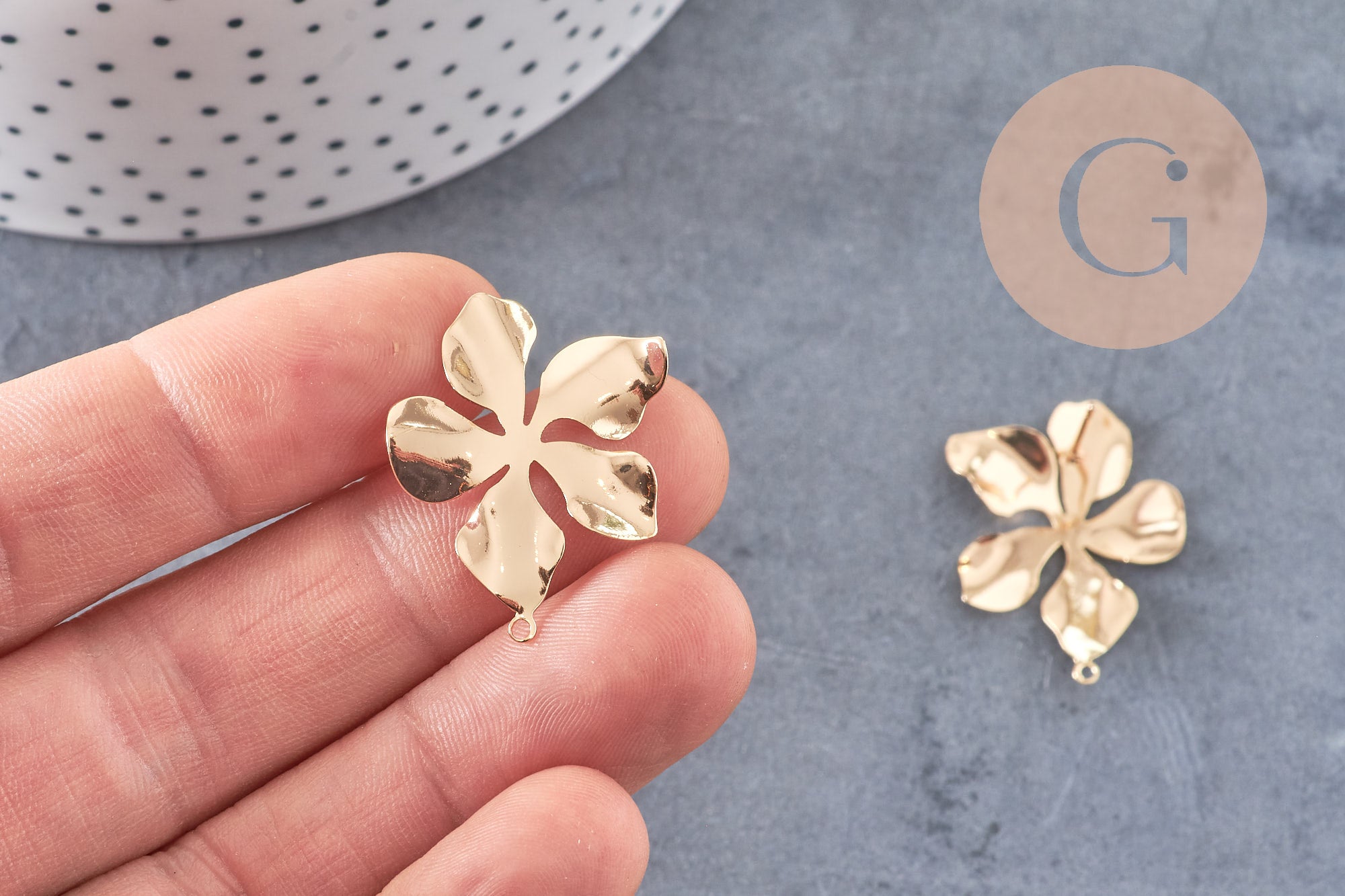 Boucles d'oreilles fleur XL laiton doré 18K 19mm, la paire, (G10757)