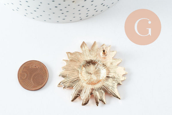 Boucles fleur tournesol XXL zamac doré ou platine 50mm, la paire (G9654)