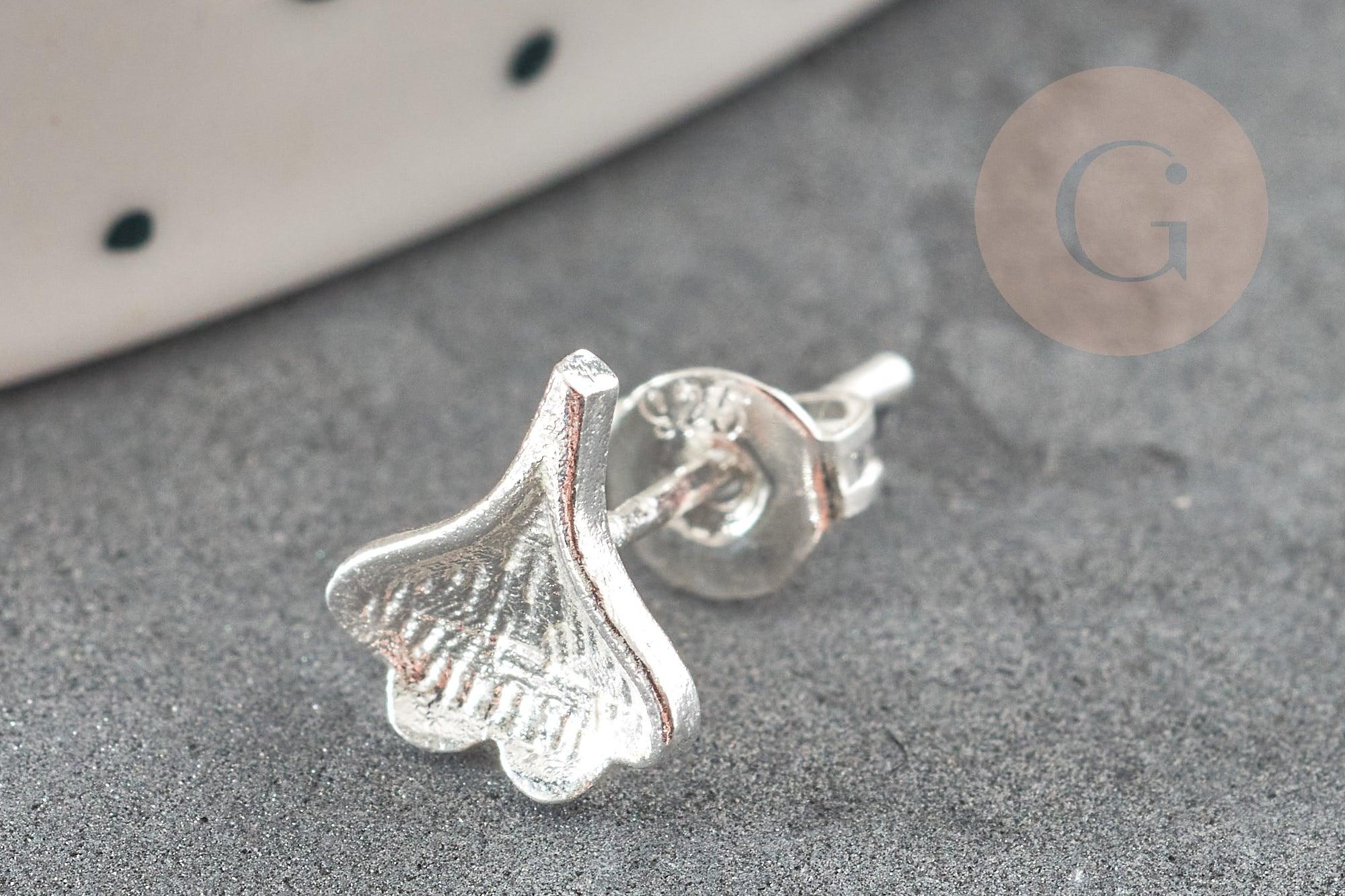 Boucles puce feuille de Gingko chat noeud fine argent massif 925 7mm, x1 paire (G9250)