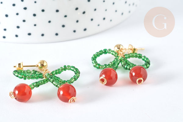 Boucles puces cerise agate rouge perles rocaille acier 304 doré 33mm, la paire (G7477)