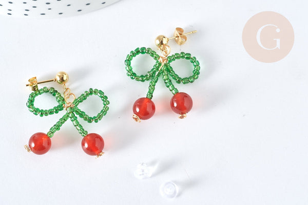 Boucles puces cerise agate rouge perles rocaille acier 304 doré 33mm, la paire (G7477)