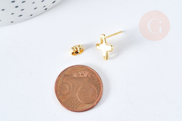 Boucles puces croix acier 201 dorées 12mm, la paire (G8477)