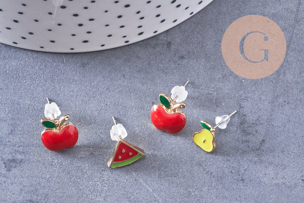 Boucles puces laiton doré email fruit, x4 (G10579)