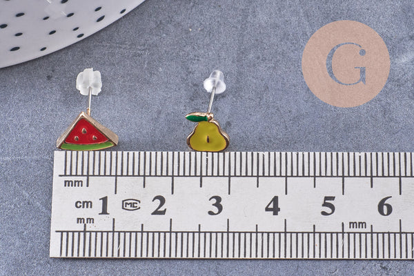 Boucles puces laiton doré email fruit, x4 (G10579)