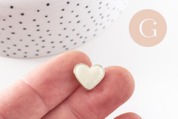Boucles puces zamac doré coeur émail blanc à personnaliser 11.5mm, la paire (G9900)