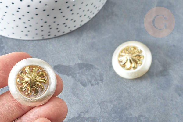 Bouton ancien rond Soleil écru et or polyester 27mm, fourniture de mercerie vintage, x1 G7433