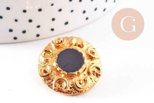 Bouton ancien rond or et émail noir baroque 23mm, x1 (G10151)