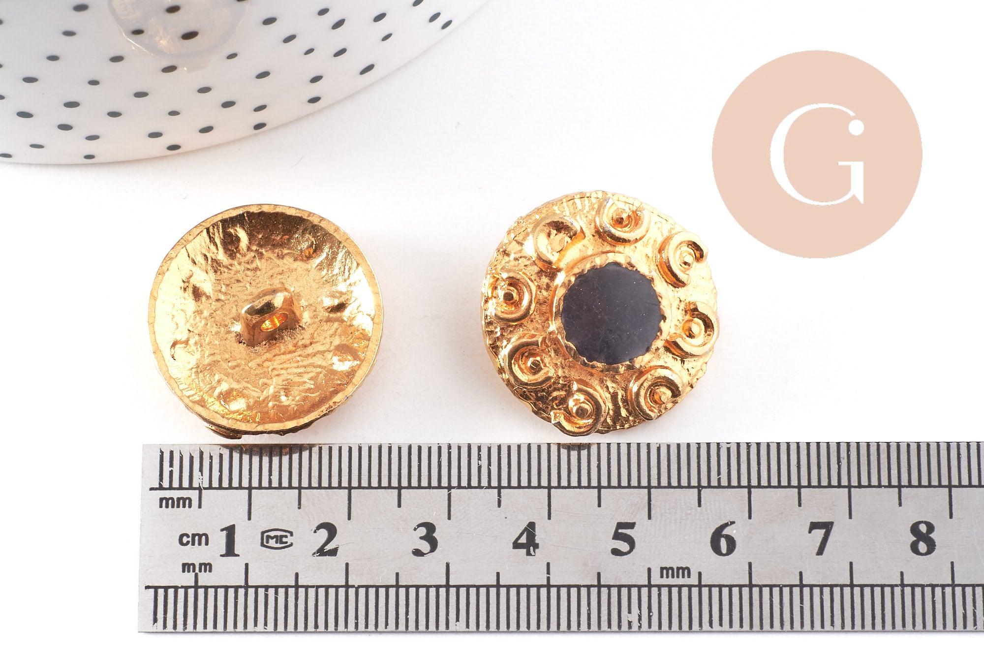 Bouton ancien rond or et émail noir baroque 23mm, x1 (G10151)