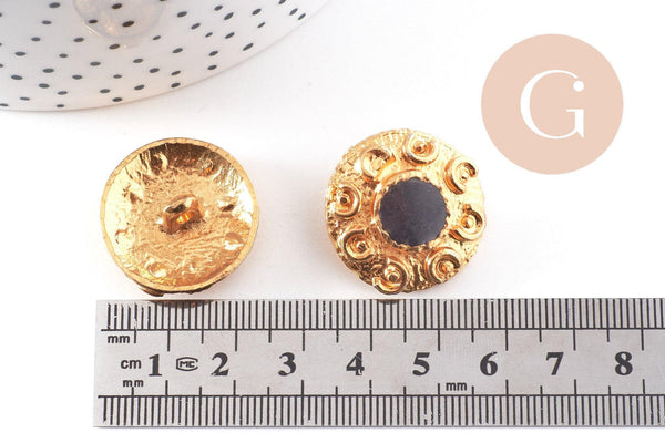 Bouton ancien rond or et émail noir baroque 23mm, x1 (G10151)