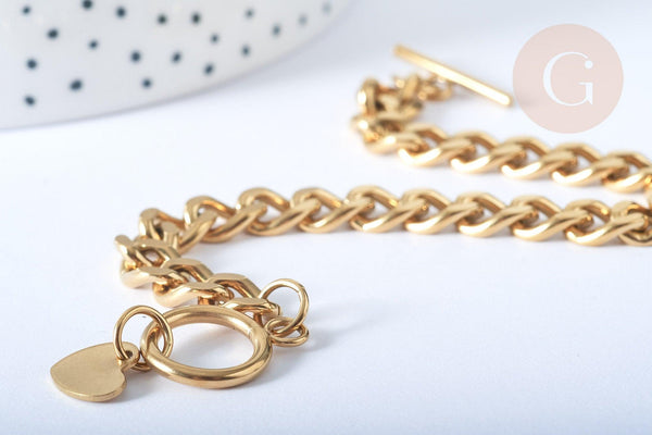 Bracelet Gourmette XXL acier 304 inoxydable doré IP fermoir T 19cm, x1 (G7790)