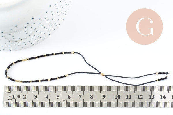 Bracelet Perles de rocailles japonaises noir-bleu or réglable, x1 (G10040)