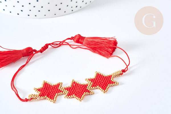 Bracelet Réglable étoiles 28cm cordon rouge nylon perles rocailles tissées , bijou chance à offrir, bracelet amitié, x1 (G7686)