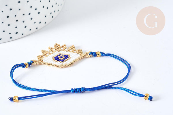 Bracelet Réglable losange mauvais œil bleu et or 28cm cordon nylon, bijou chance à offrir, bracelet amitié, x1 (G7682)