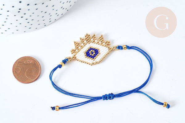 Bracelet Réglable losange mauvais œil bleu et or 28cm cordon nylon, bijou chance à offrir, bracelet amitié, x1 (G7682)
