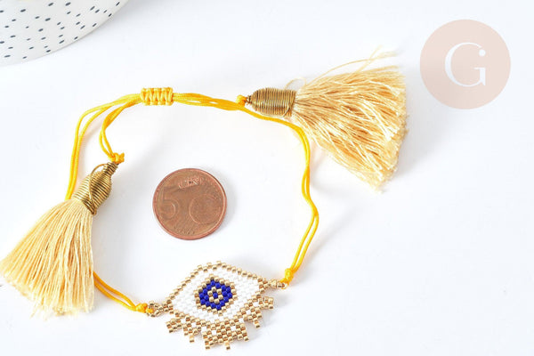 Bracelet Réglable losange mauvais œil jaune et or 28cm cordon nylon perles rocailles tissées , bijou chance à offrir, bracelet amitié, x1 (G7680)