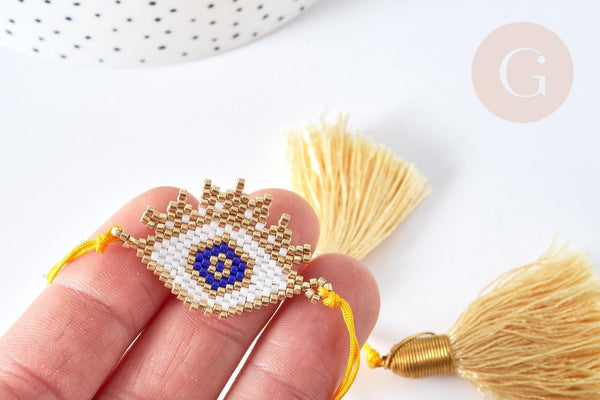 Bracelet Réglable losange mauvais œil jaune et or 28cm cordon nylon perles rocailles tissées , bijou chance à offrir, bracelet amitié, x1 (G7680)