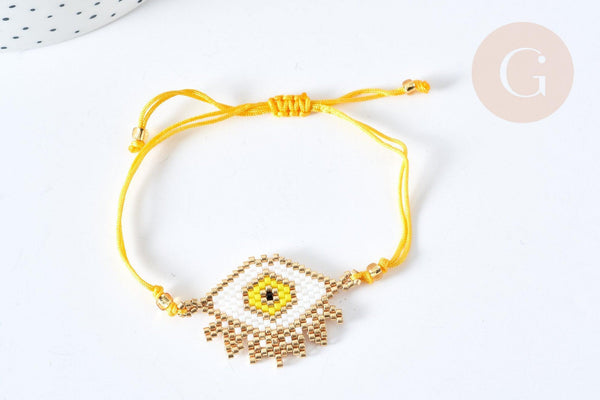 Bracelet Réglable losange mauvais œil jaune et or cordon nylon perles rocailles tissées 28cm, x1 (G7683)