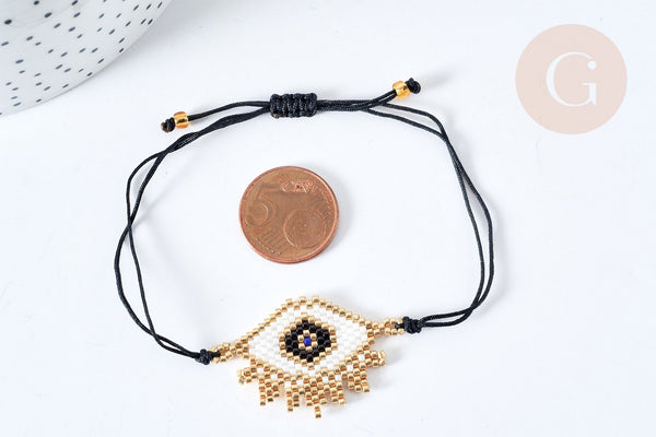 Bracelet Réglable losange mauvais œil noir et or 28cm cordon nylon perles rocailles tissées , bijou chance à offrir, bracelet amitié, x1 (G7678)
