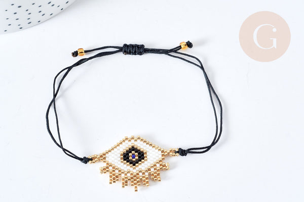 Bracelet Réglable losange mauvais œil noir et or 28cm cordon nylon perles rocailles tissées , bijou chance à offrir, bracelet amitié, x1 (G7678)
