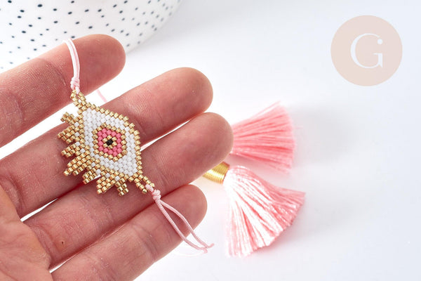 Bracelet Réglable losange mauvais œil rose et or 28cm cordon nylon perles rocailles tissées , bijou chance à offrir, bracelet amitié, x1 (G7681)