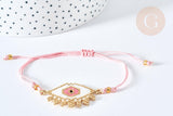 Bracelet Réglable losange mauvais œil rose or 28cm cordon nylon perles rocailles tissées , x1 (G7691)