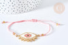Bracelet Réglable losange mauvais œil rose or 28cm cordon nylon perles rocailles tissées , x1 (G7691)