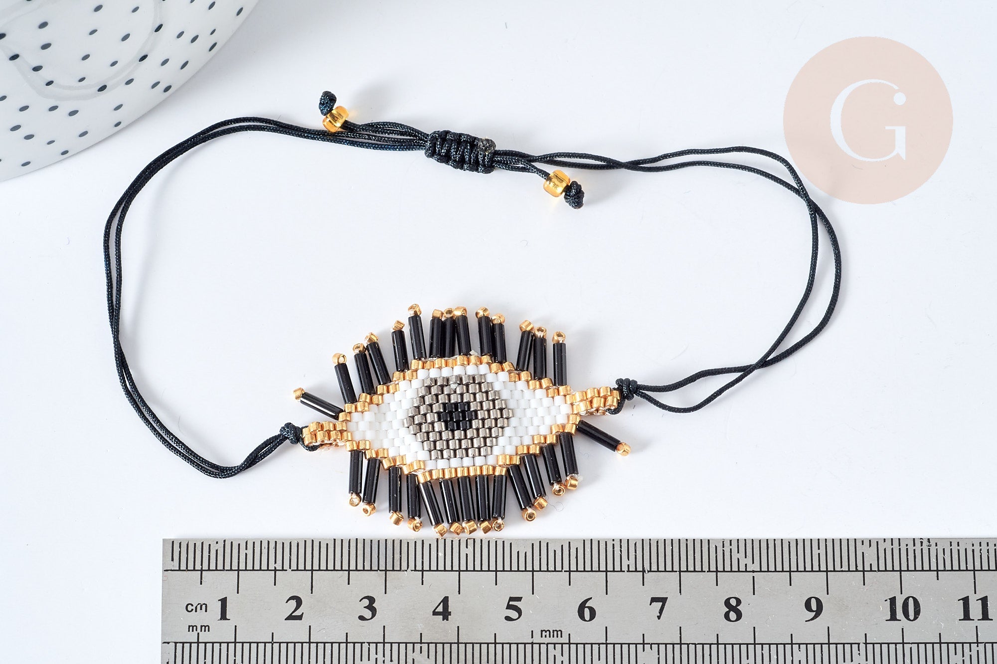 Bracelet Réglable mauvais œil noir et or 28cm cordon nylon perles rocailles tissées , bijou chance à offrir, bracelet amitié, x1 (G7634)