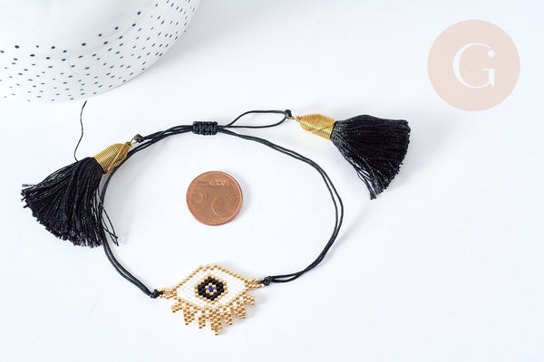 Bracelet Réglable mauvais œil noir et or 28cm cordon nylon perles rocailles tissées , bijou chance à offrir, bracelet amitié, x1 (G7679)