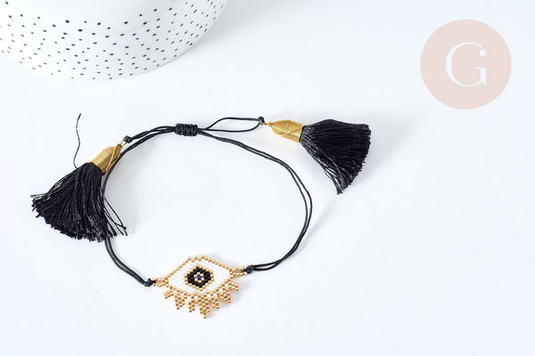 Bracelet Réglable mauvais œil noir et or 28cm cordon nylon perles rocailles tissées , bijou chance à offrir, bracelet amitié, x1 (G7679)