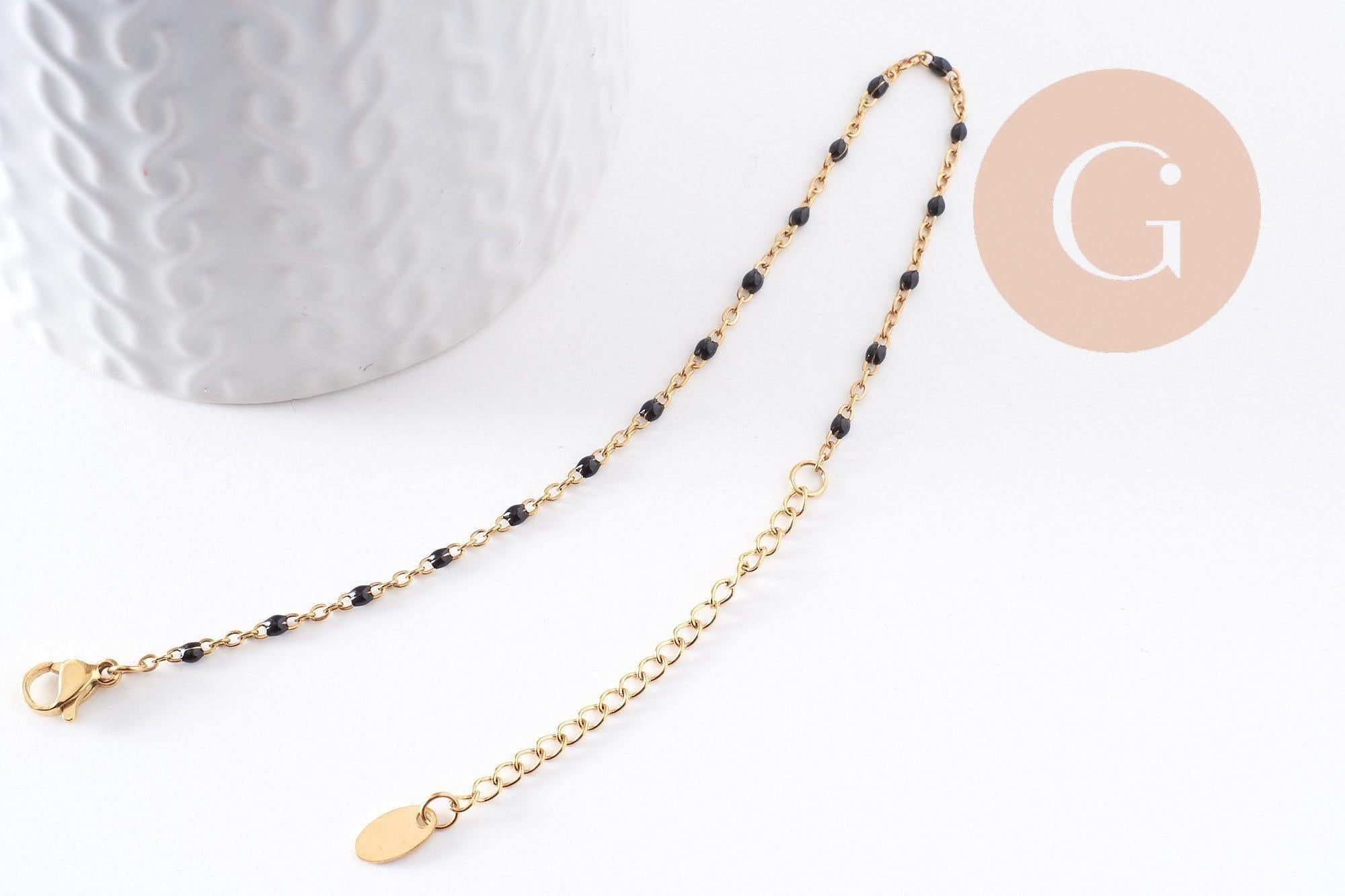 Bracelet acier 304 inoxydable doré 14k résine noire 1.5mm-20.5cm, x1 (G3382)