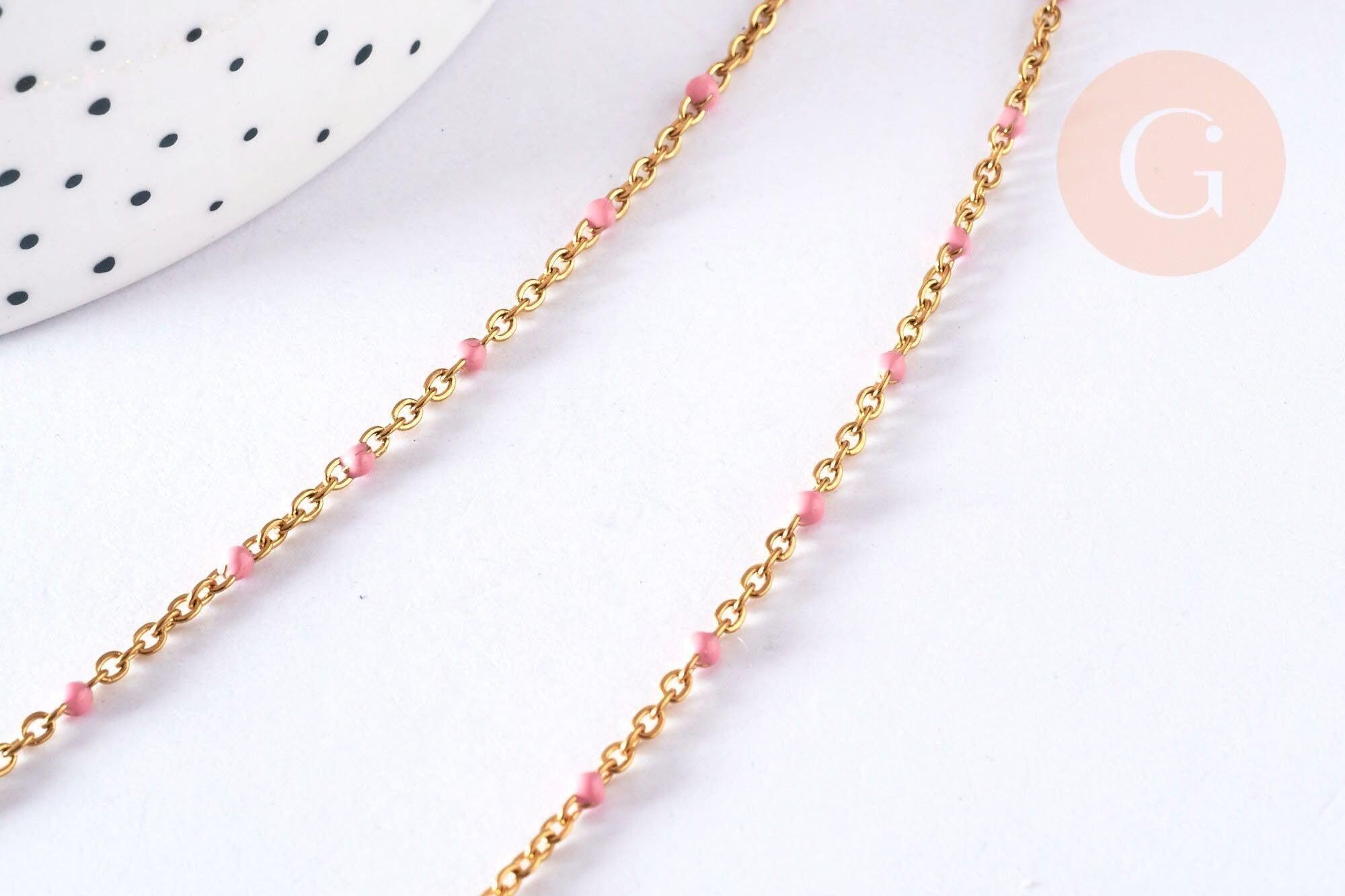 Bracelet ou collier acier doré 14k résine rose 1.5mm,20.5cm, x1 (G3602)