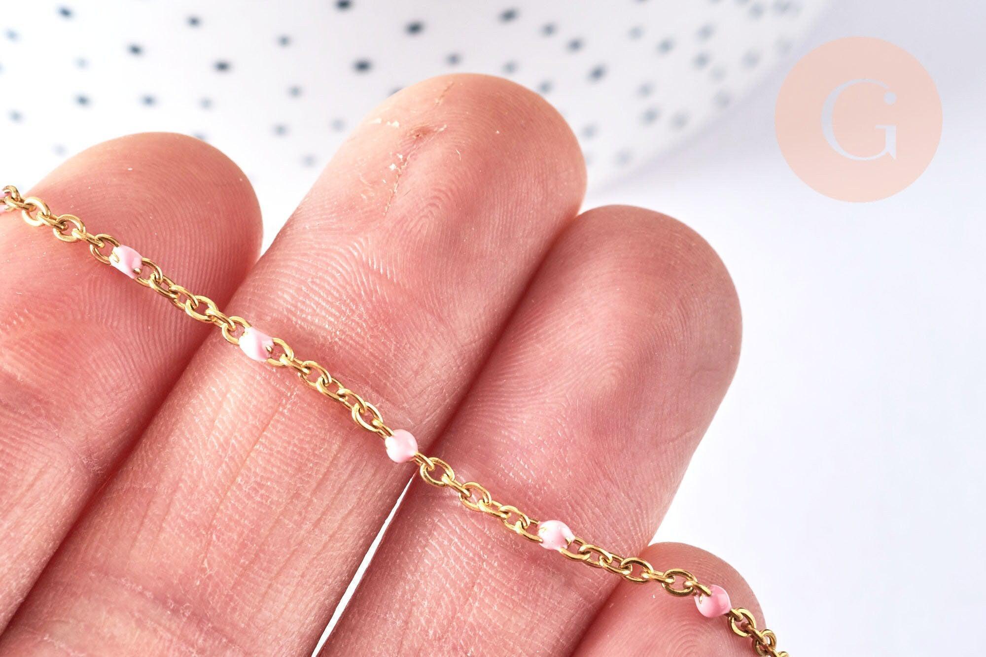 Bracelet ou collier acier doré 14k résine rose 1.5mm,20.5cm, x1 (G3602)
