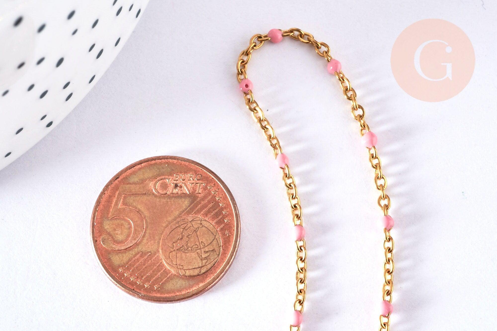 Bracelet ou collier acier doré 14k résine rose 1.5mm,20.5cm, x1 (G3602)